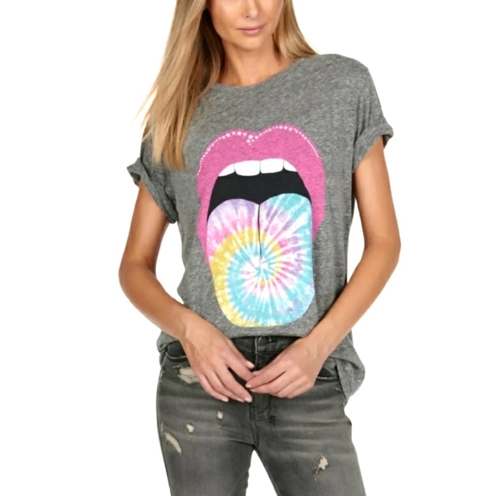 NWT - Lauren Moshi Gray Vintage Tie Dye Rainbow Tongue cotton t-shirt, size XS